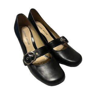 Antonio Melani Black Leather Mary Jane w Patent Strap Chunk Heels Women's Size 8